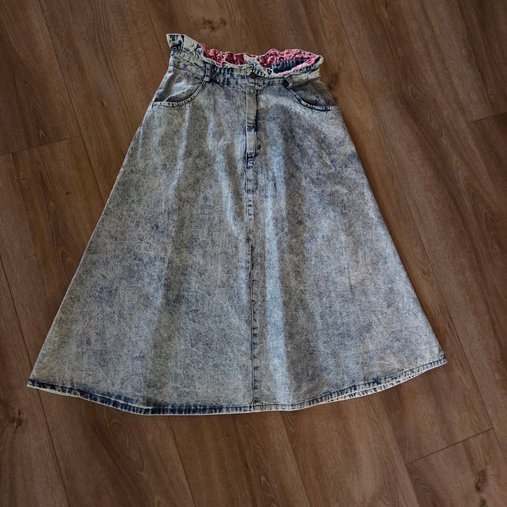 Vintage Rayo of California Acid Wash Denim Paperbag Midi Skirt Bandana Trim 80s - Picture 5 of 7